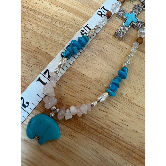 Layered Turquoise Look & Silver Tone Necklace Set With Cross & Bear Pendants - Picture 10 of 10